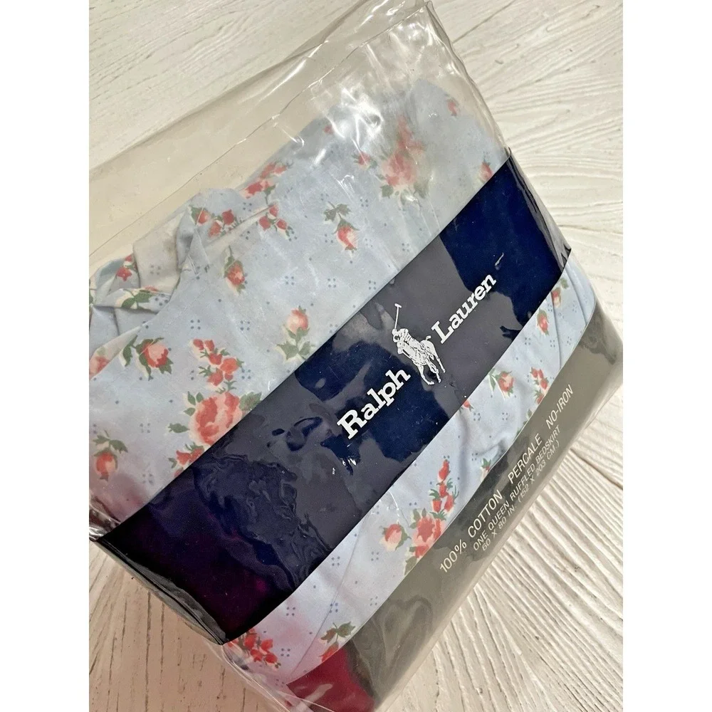 Vtg 80s  NEW Ralph Lauren QUEEN Ruffled‎ Bedskirt Calico Rose Blue NIP